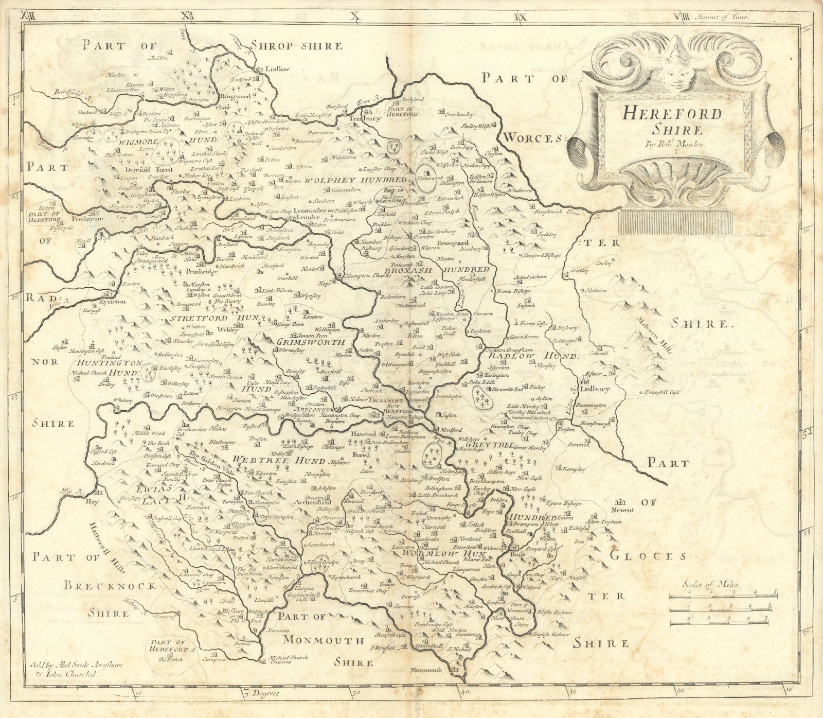 Herefordshire. 'HEREFORD SHIRE' by ROBERT MORDEN. Camden's Britannia 1722 map